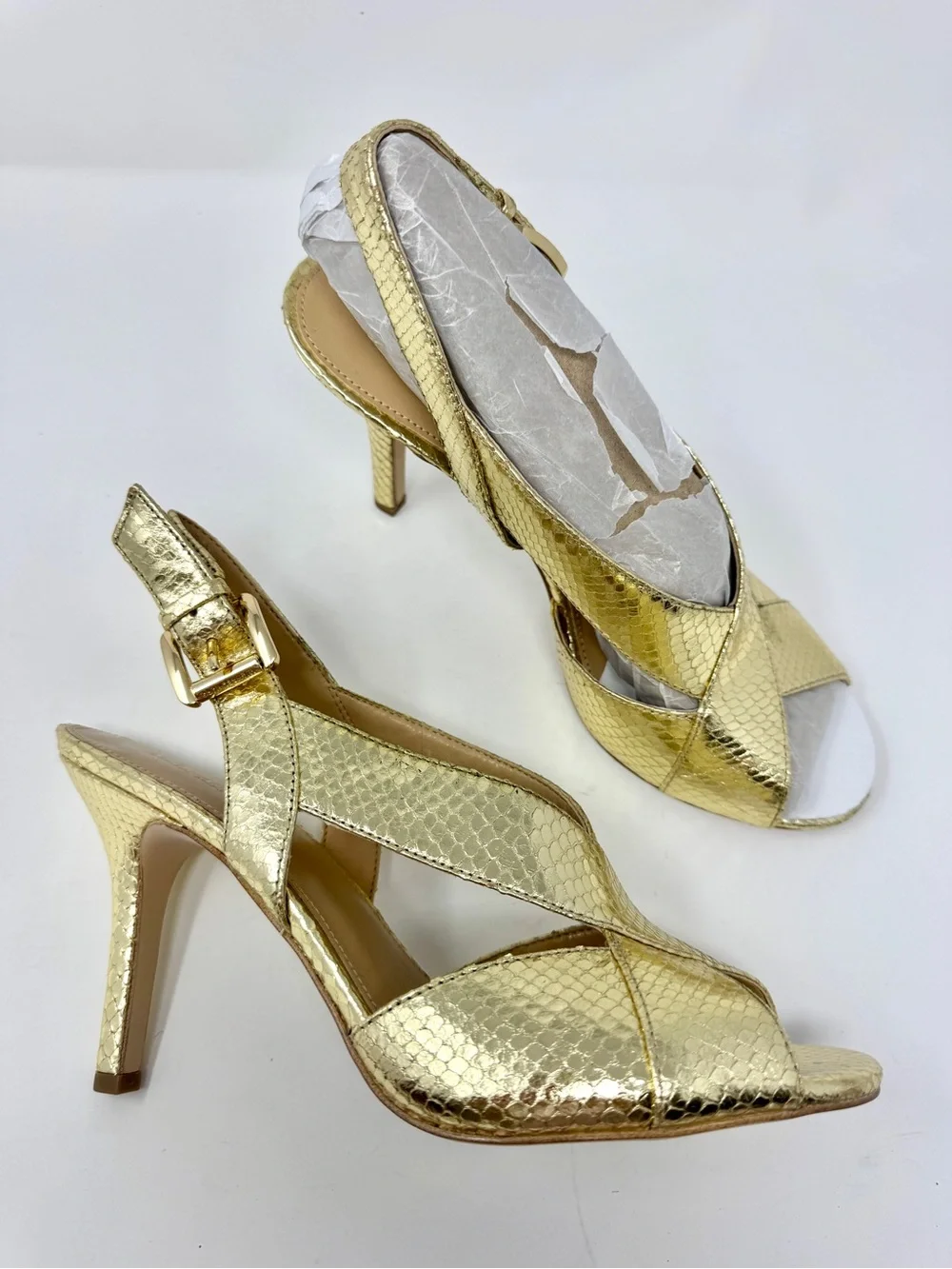 Michael Kors Gold Metallic Snake Embossed Slingback Heels Sandal Size 10 - Picture 2 of 10